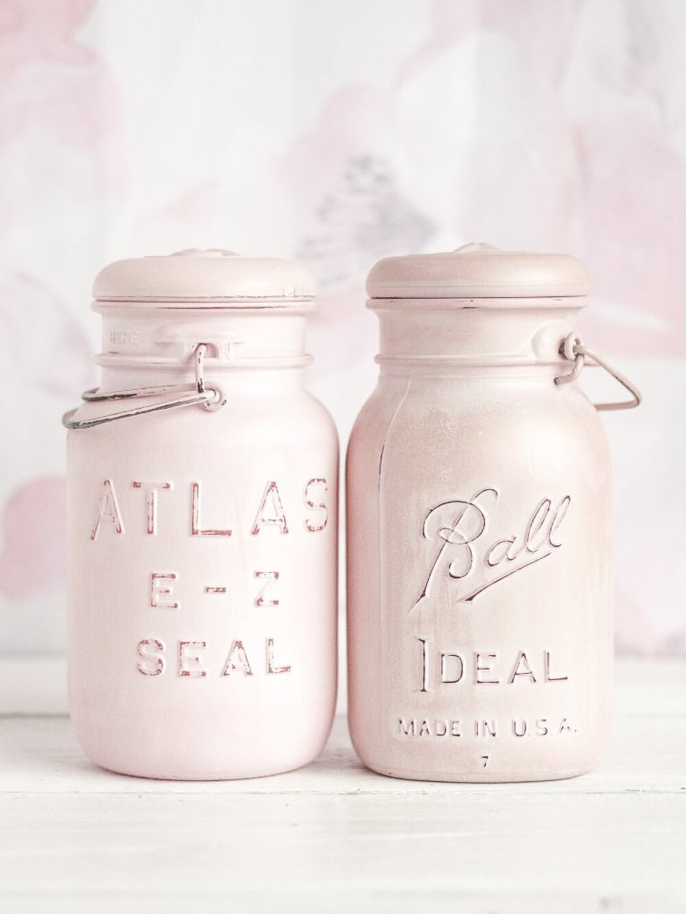 Vintage Pink Painted Mason Jar Quarts Vases, Storage or Decor